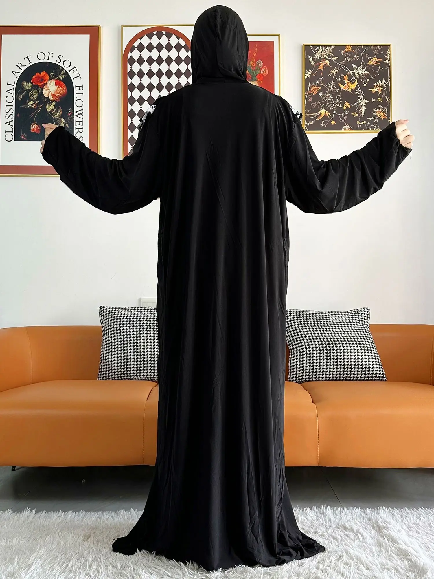 2023 Muslim Solid Cotton Abaya For Women Ramadan Prayer Garment Joint Hat Dubai Turkey Middle East Femme Robe Floral Loose Dress
