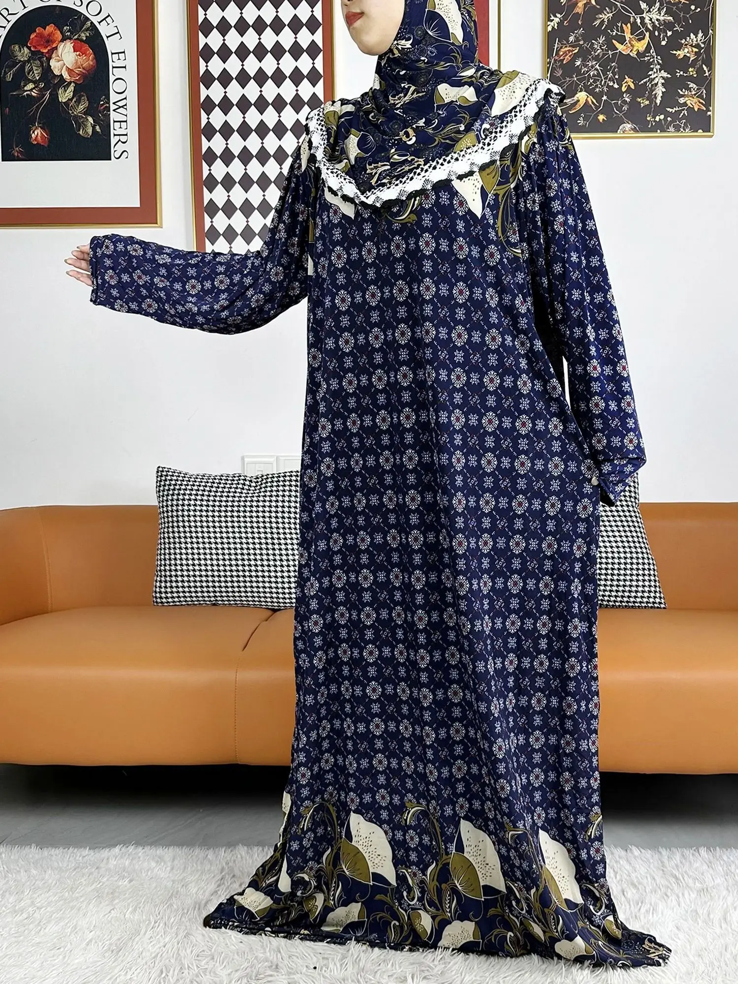 2023 Muslim Solid Cotton Abaya For Women Ramadan Prayer Garment Joint Hat Dubai Turkey Middle East Femme Robe Floral Loose Dress