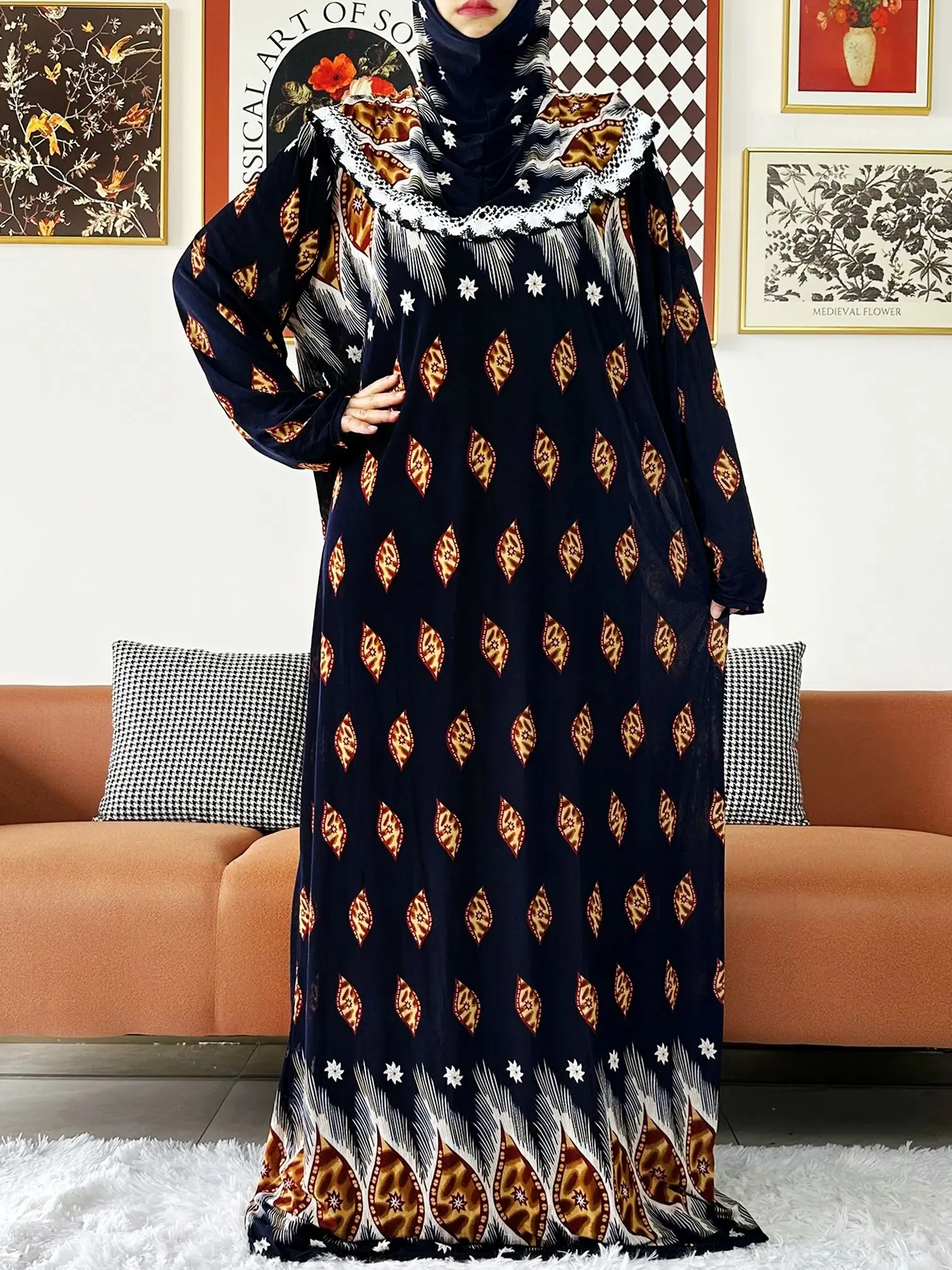 2023 Muslim Solid Cotton Abaya For Women Ramadan Prayer Garment Joint Hat Dubai Turkey Middle East Femme Robe Floral Loose Dress