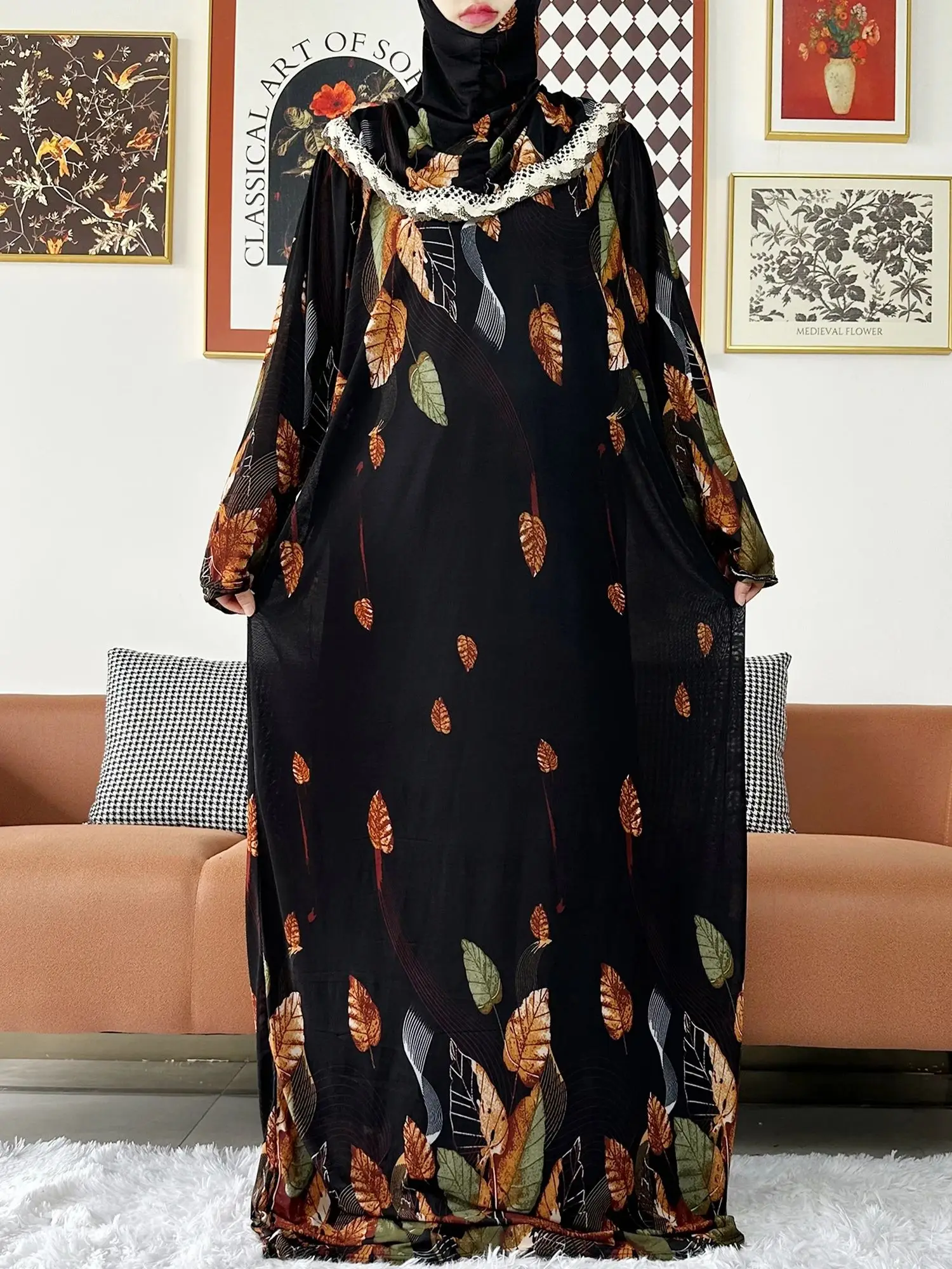 2023 Muslim Solid Cotton Abaya For Women Ramadan Prayer Garment Joint Hat Dubai Turkey Middle East Femme Robe Floral Loose Dress