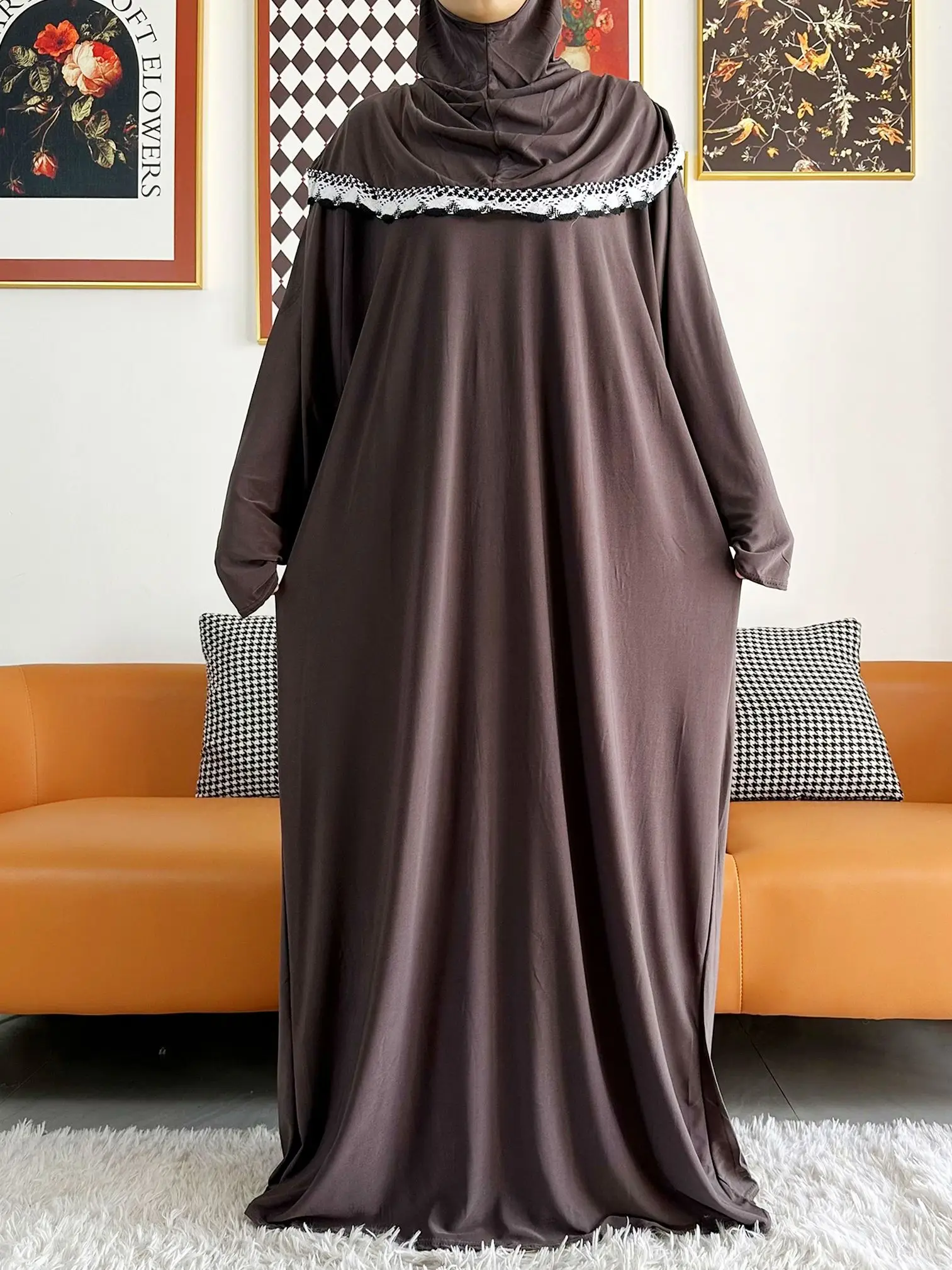 2023 Muslim Solid Cotton Abaya For Women Ramadan Prayer Garment Joint Hat Dubai Turkey Middle East Femme Robe Floral Loose Dress