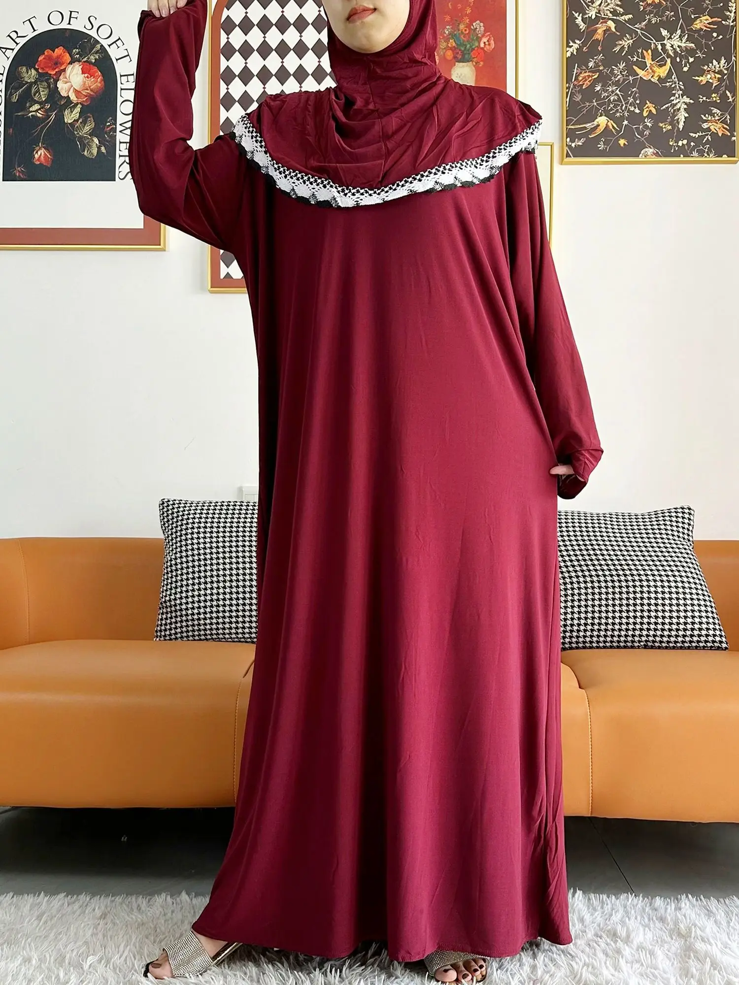 2023 Muslim Solid Cotton Abaya For Women Ramadan Prayer Garment Joint Hat Dubai Turkey Middle East Femme Robe Floral Loose Dress