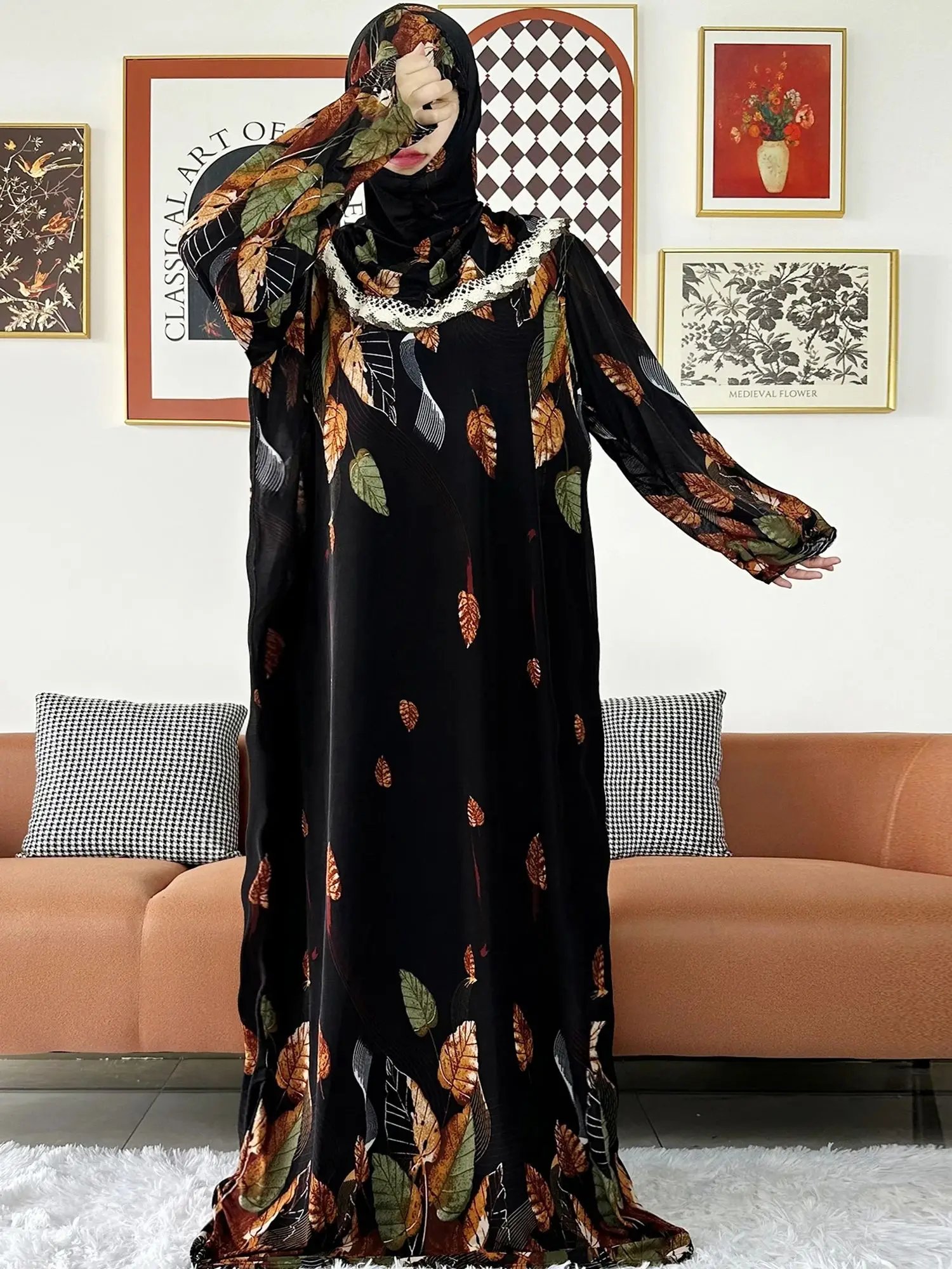 2023 Muslim Solid Cotton Abaya For Women Ramadan Prayer Garment Joint Hat Dubai Turkey Middle East Femme Robe Floral Loose Dress