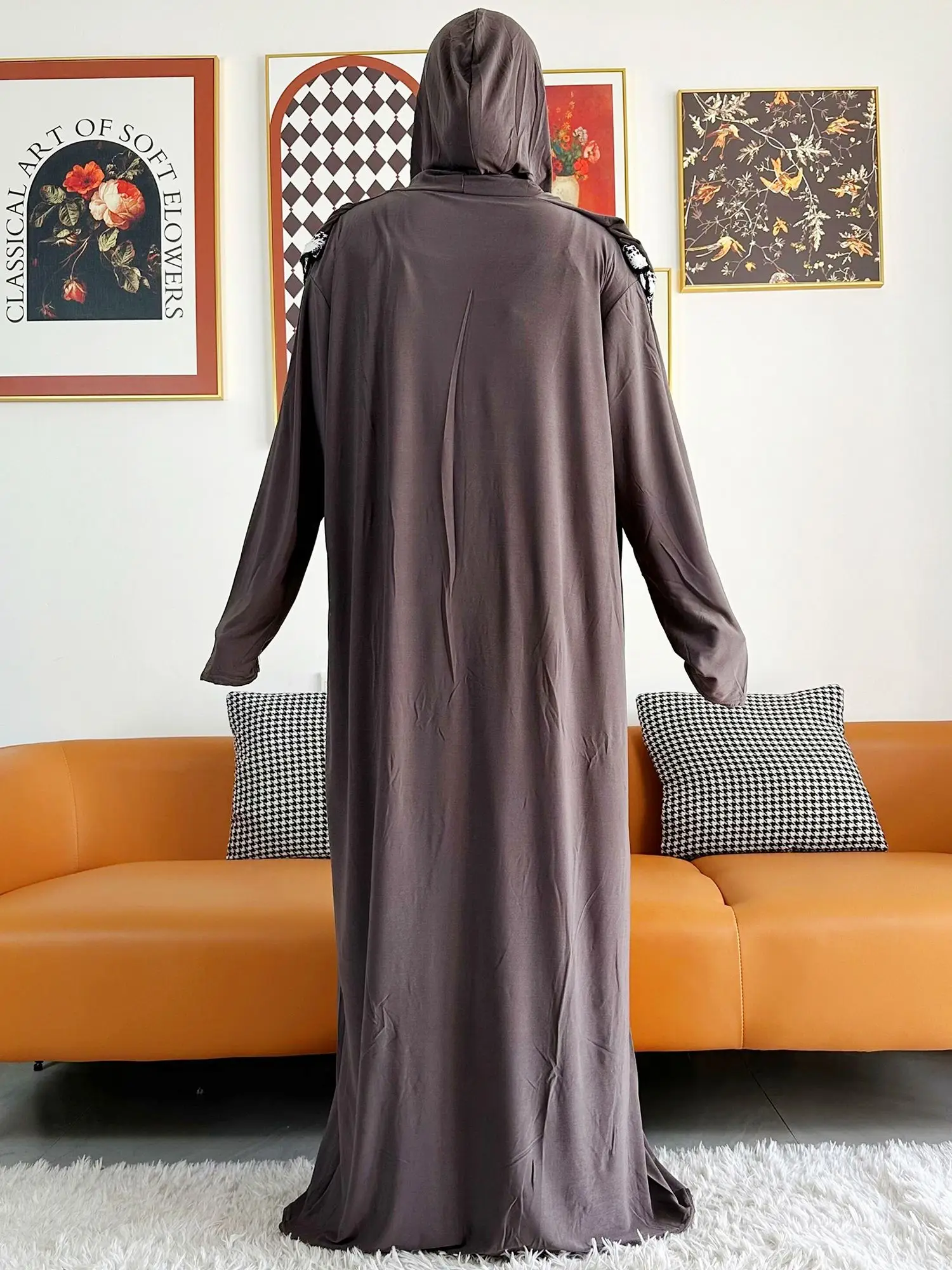 2023 Muslim Solid Cotton Abaya For Women Ramadan Prayer Garment Joint Hat Dubai Turkey Middle East Femme Robe Floral Loose Dress
