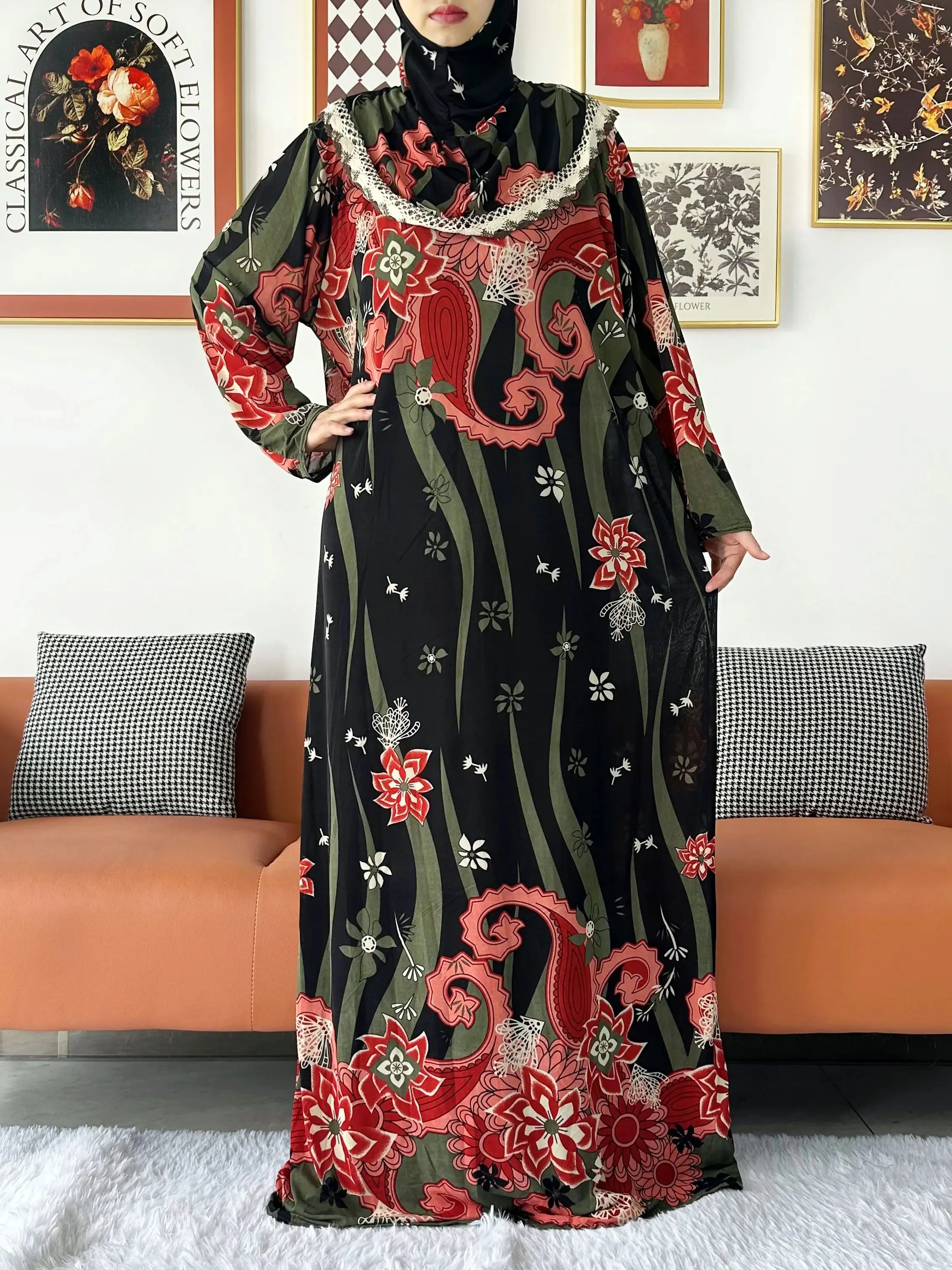 2023 Muslim Solid Cotton Abaya For Women Ramadan Prayer Garment Joint Hat Dubai Turkey Middle East Femme Robe Floral Loose Dress