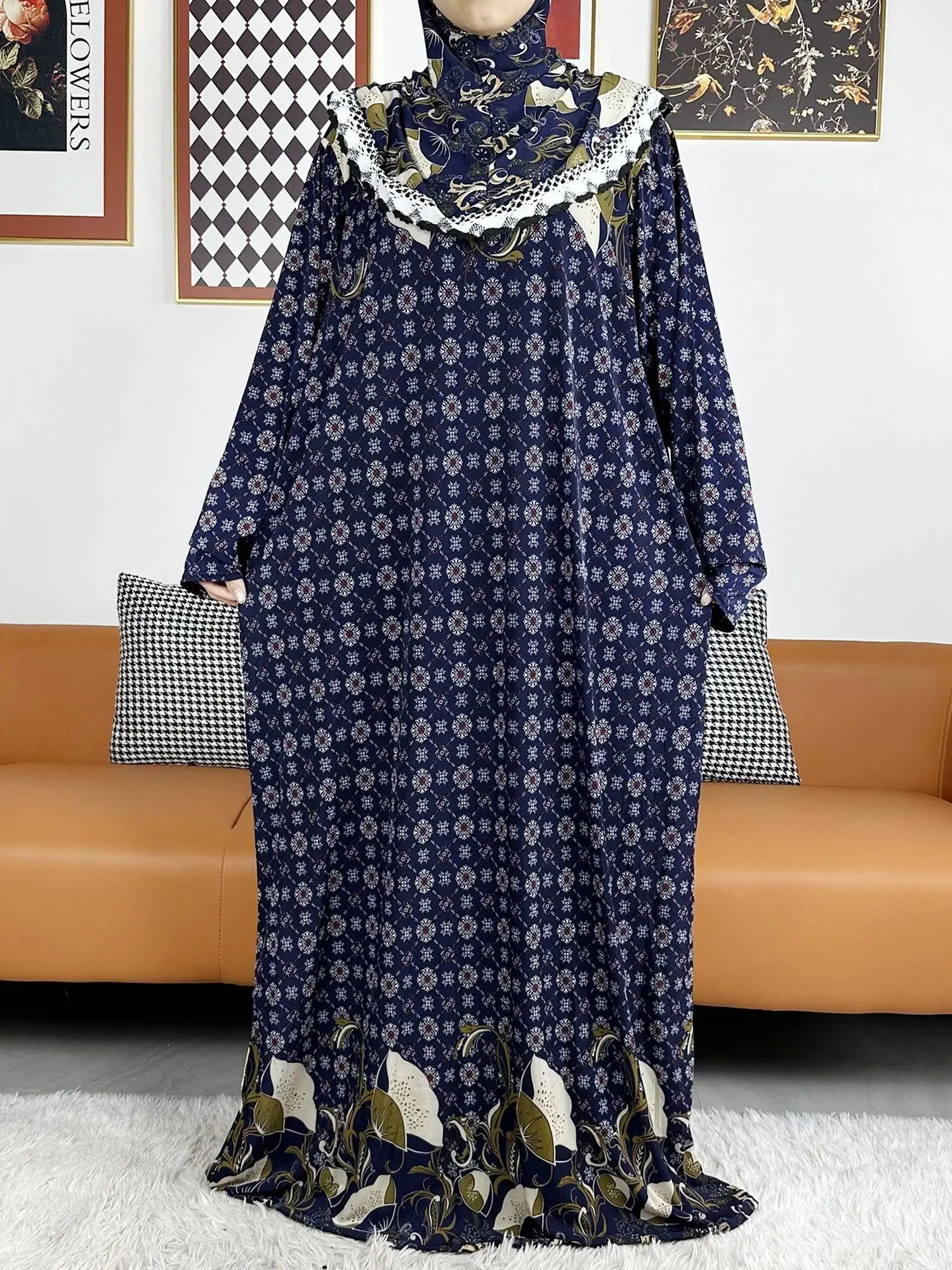 2023 Muslim Solid Cotton Abaya For Women Ramadan Prayer Garment Joint Hat Dubai Turkey Middle East Femme Robe Floral Loose Dress