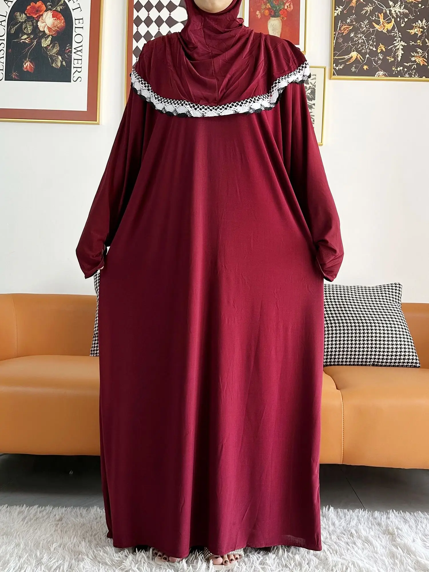 2023 Muslim Solid Cotton Abaya For Women Ramadan Prayer Garment Joint Hat Dubai Turkey Middle East Femme Robe Floral Loose Dress