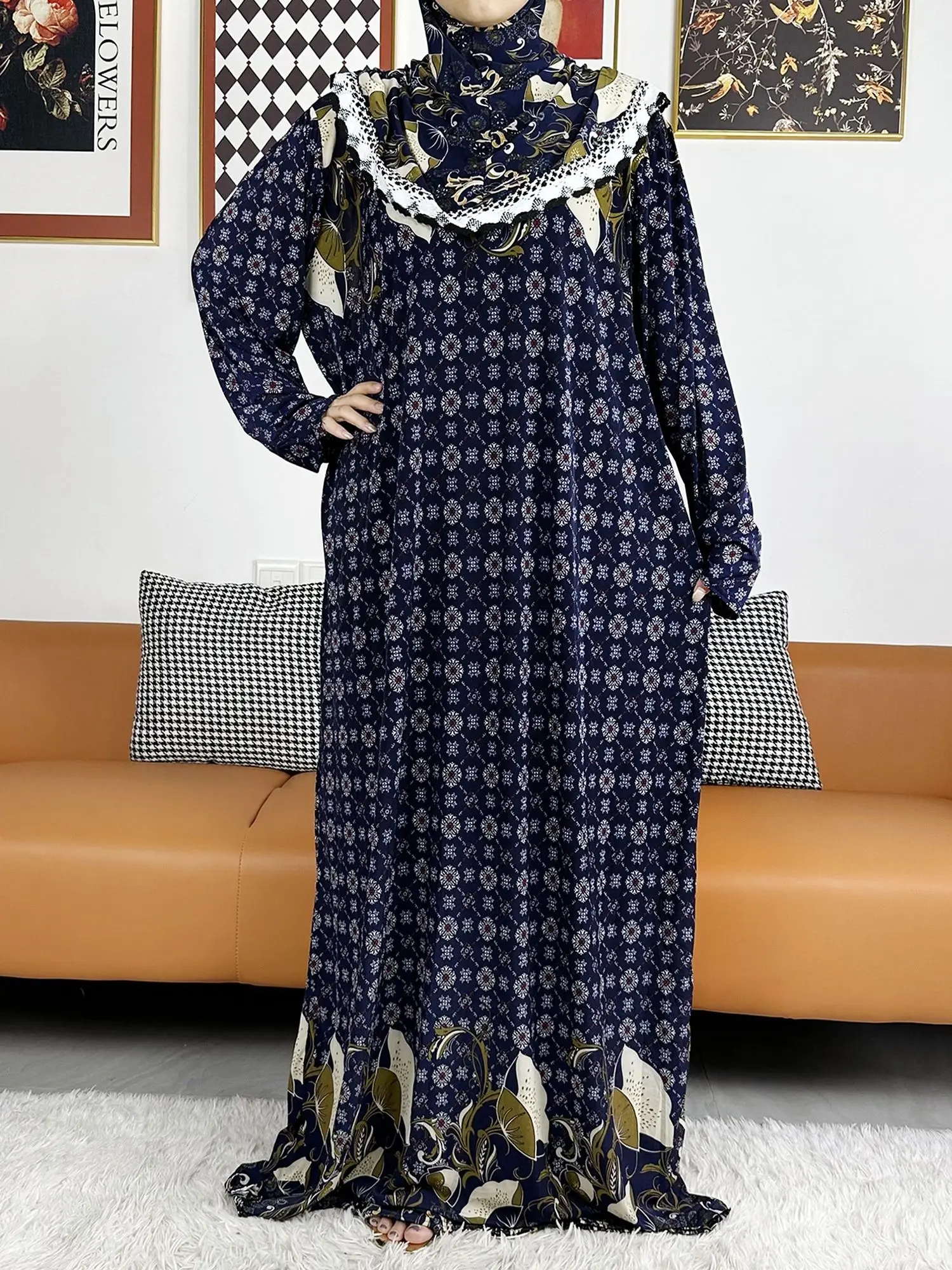 2023 Muslim Solid Cotton Abaya For Women Ramadan Prayer Garment Joint Hat Dubai Turkey Middle East Femme Robe Floral Loose Dress