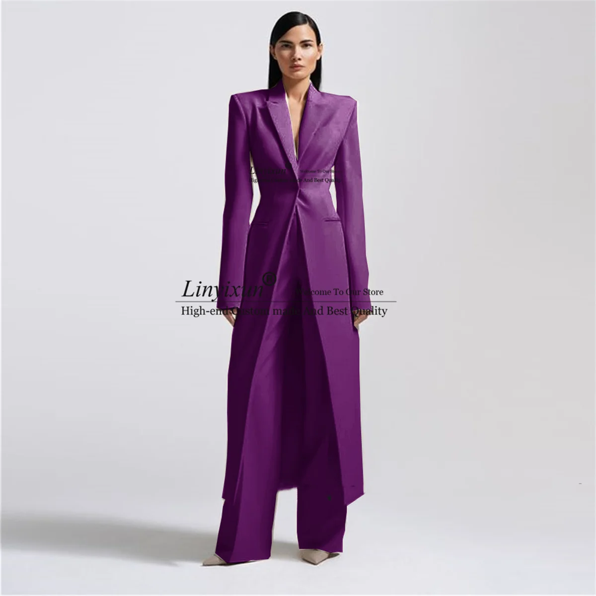 Women's Long Suit 2-Pieces Jacket+Pants Slim Fit 1 Button High Street Luxury Womens Clothing Pant Set tailleur femm Customized