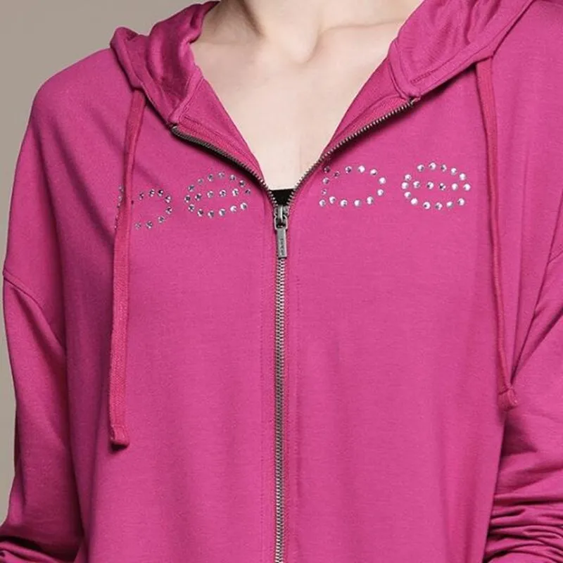 High Street Women Bling Rhinestone Pink Sweatshirt Bebe Graphics Harajuku Y2k Aesthetics Autumn Zipper Hoodie Casual Jacket Coat