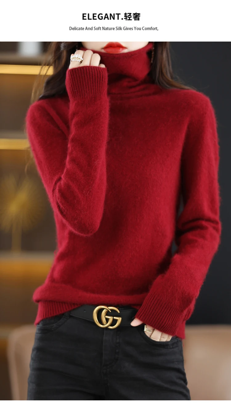 Hot Sale Ladies New 100% Mink Cashmere Sweater Turtleneck Knit Long Sleeve Slim Fashion Pullover Sweater Autumn and Winter