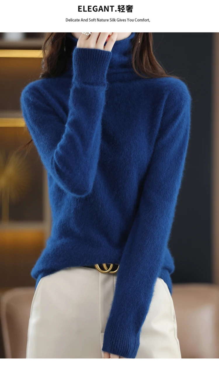 Hot Sale Ladies New 100% Mink Cashmere Sweater Turtleneck Knit Long Sleeve Slim Fashion Pullover Sweater Autumn and Winter