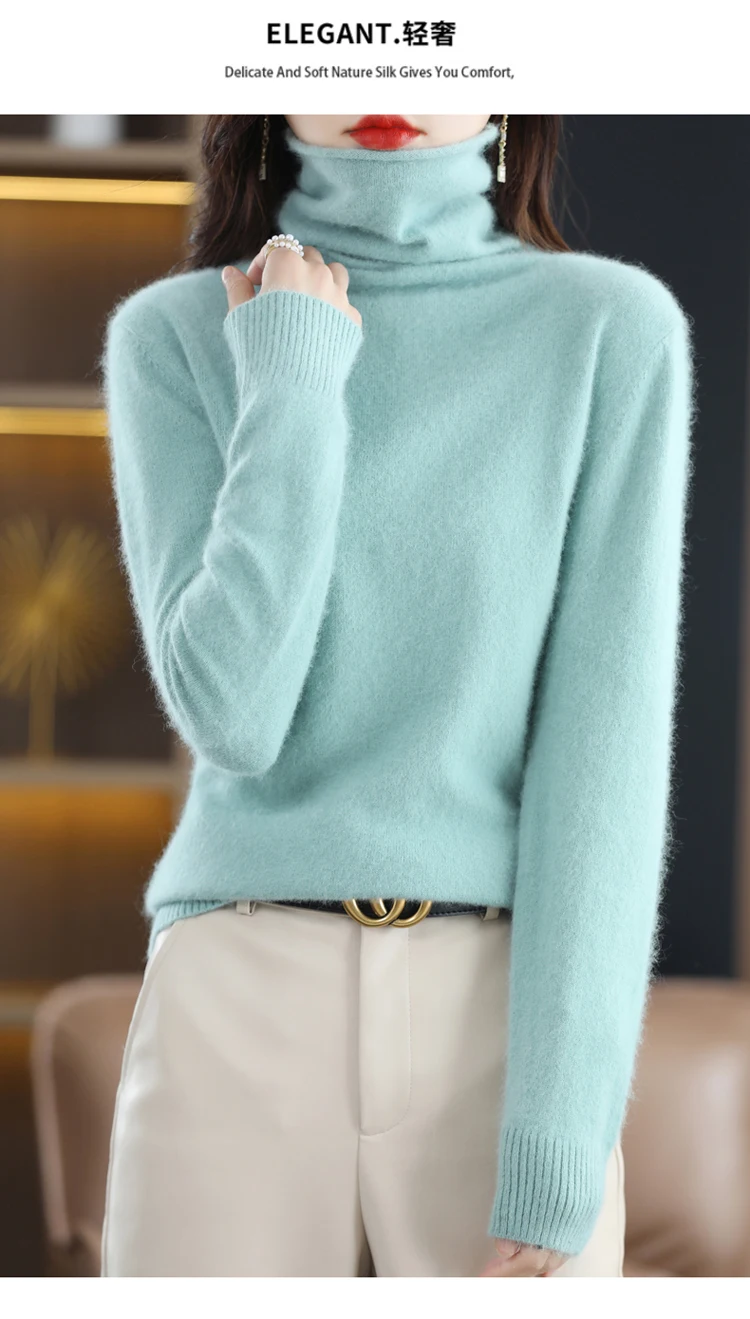 Hot Sale Ladies New 100% Mink Cashmere Sweater Turtleneck Knit Long Sleeve Slim Fashion Pullover Sweater Autumn and Winter