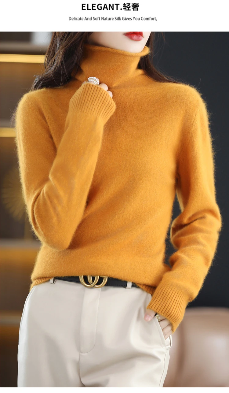Hot Sale Ladies New 100% Mink Cashmere Sweater Turtleneck Knit Long Sleeve Slim Fashion Pullover Sweater Autumn and Winter