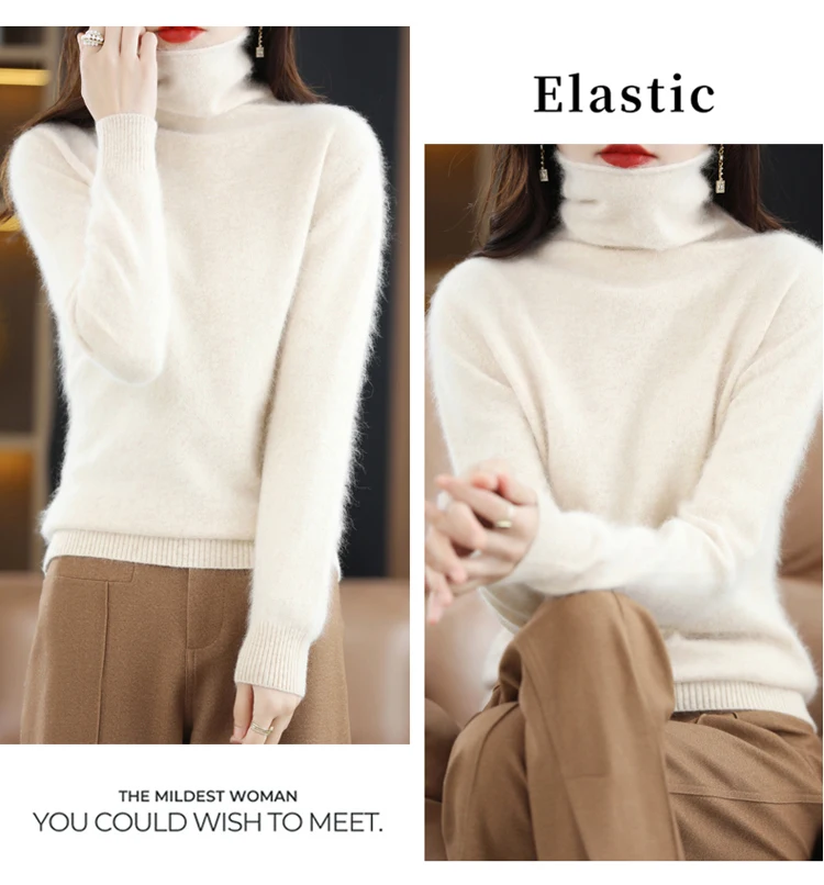 Hot Sale Ladies New 100% Mink Cashmere Sweater Turtleneck Knit Long Sleeve Slim Fashion Pullover Sweater Autumn and Winter