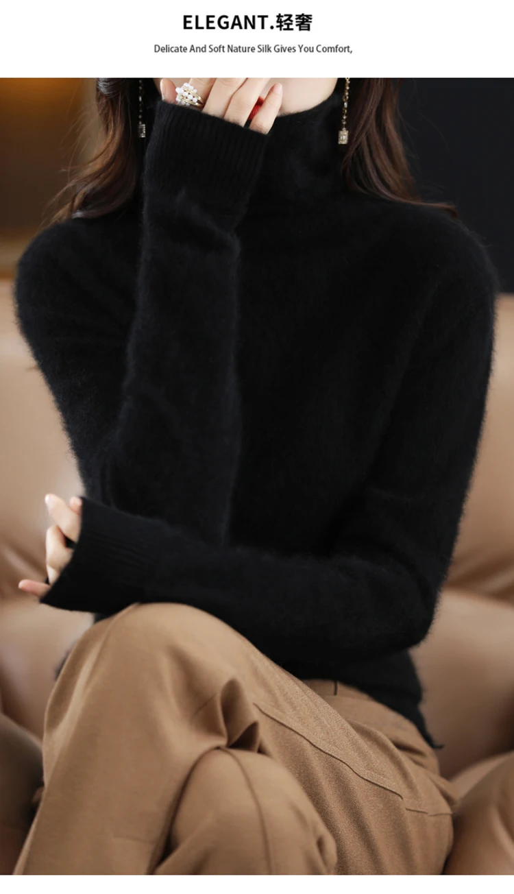 Hot Sale Ladies New 100% Mink Cashmere Sweater Turtleneck Knit Long Sleeve Slim Fashion Pullover Sweater Autumn and Winter