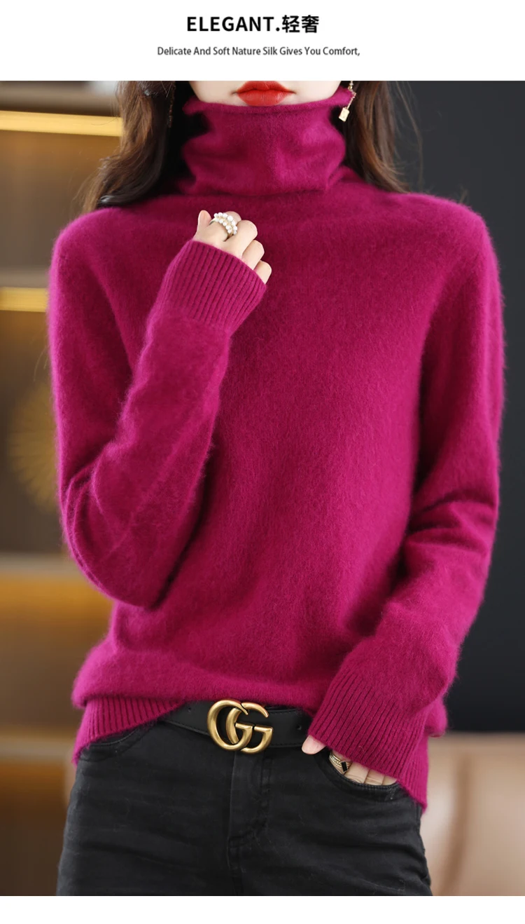 Hot Sale Ladies New 100% Mink Cashmere Sweater Turtleneck Knit Long Sleeve Slim Fashion Pullover Sweater Autumn and Winter