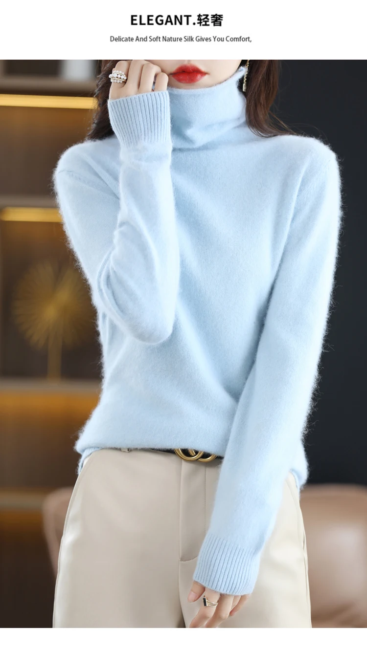 Hot Sale Ladies New 100% Mink Cashmere Sweater Turtleneck Knit Long Sleeve Slim Fashion Pullover Sweater Autumn and Winter