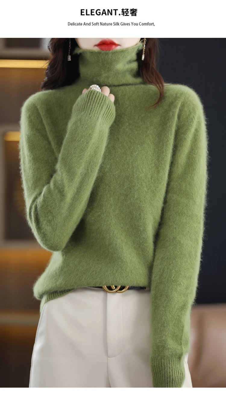 Hot Sale Ladies New 100% Mink Cashmere Sweater Turtleneck Knit Long Sleeve Slim Fashion Pullover Sweater Autumn and Winter