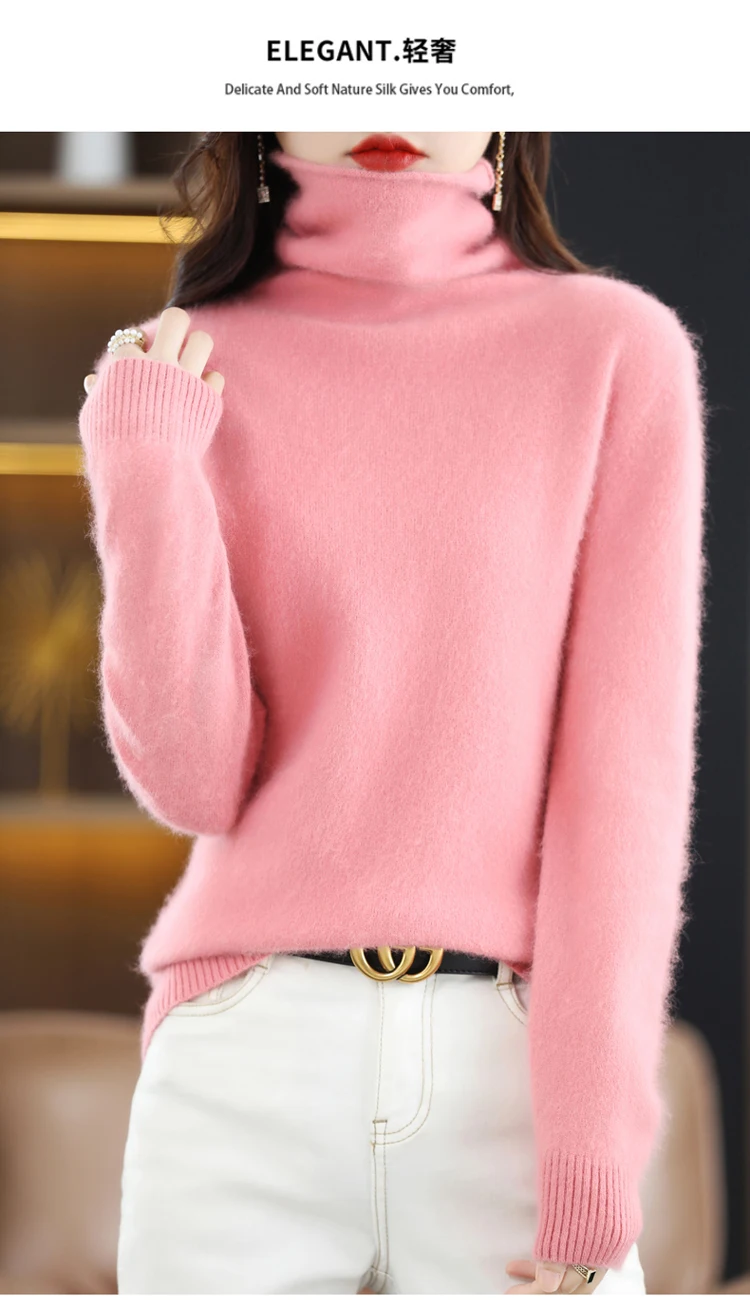 Hot Sale Ladies New 100% Mink Cashmere Sweater Turtleneck Knit Long Sleeve Slim Fashion Pullover Sweater Autumn and Winter