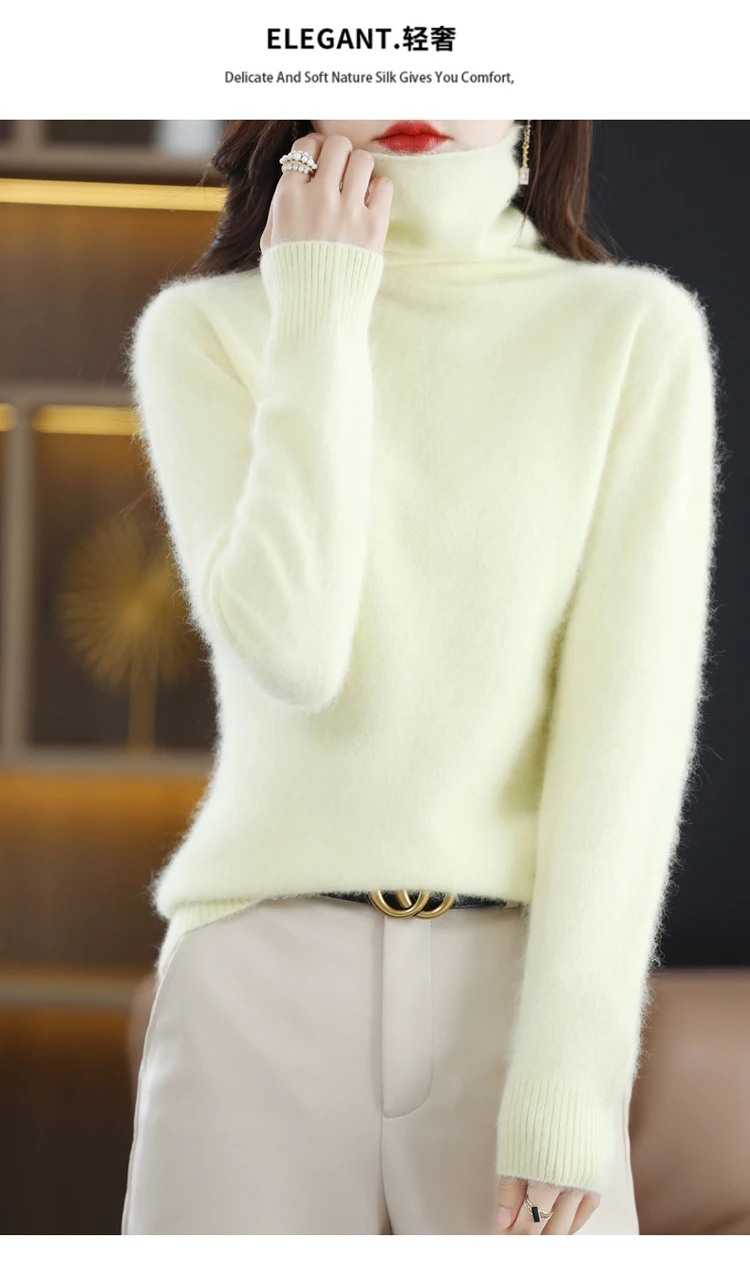 Hot Sale Ladies New 100% Mink Cashmere Sweater Turtleneck Knit Long Sleeve Slim Fashion Pullover Sweater Autumn and Winter
