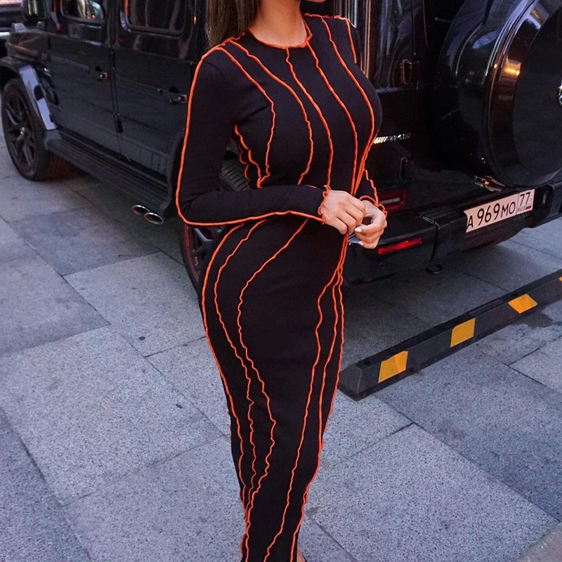 OMSJ 2024 Street Striped Dresses Women Full Sleeve Crew Neck Casual High-waist Fashion Pullover Ribbed Color Slim Contrast Dress