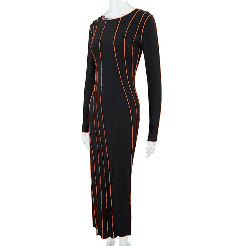 OMSJ 2024 Street Striped Dresses Women Full Sleeve Crew Neck Casual High-waist Fashion Pullover Ribbed Color Slim Contrast Dress
