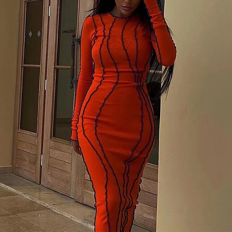 OMSJ 2024 Street Striped Dresses Women Full Sleeve Crew Neck Casual High-waist Fashion Pullover Ribbed Color Slim Contrast Dress