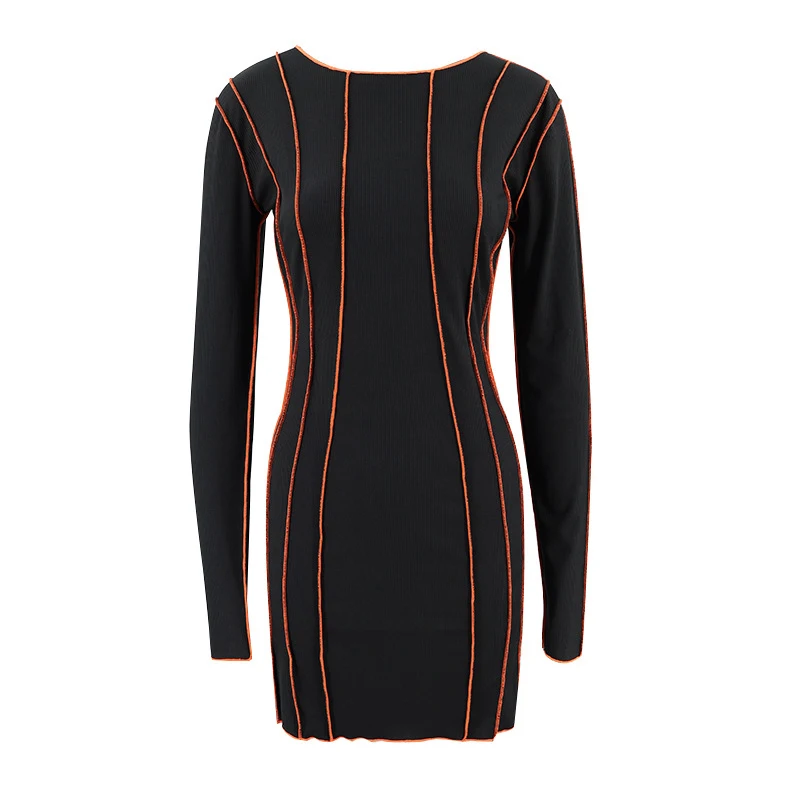 OMSJ 2024 Street Striped Dresses Women Full Sleeve Crew Neck Casual High-waist Fashion Pullover Ribbed Color Slim Contrast Dress