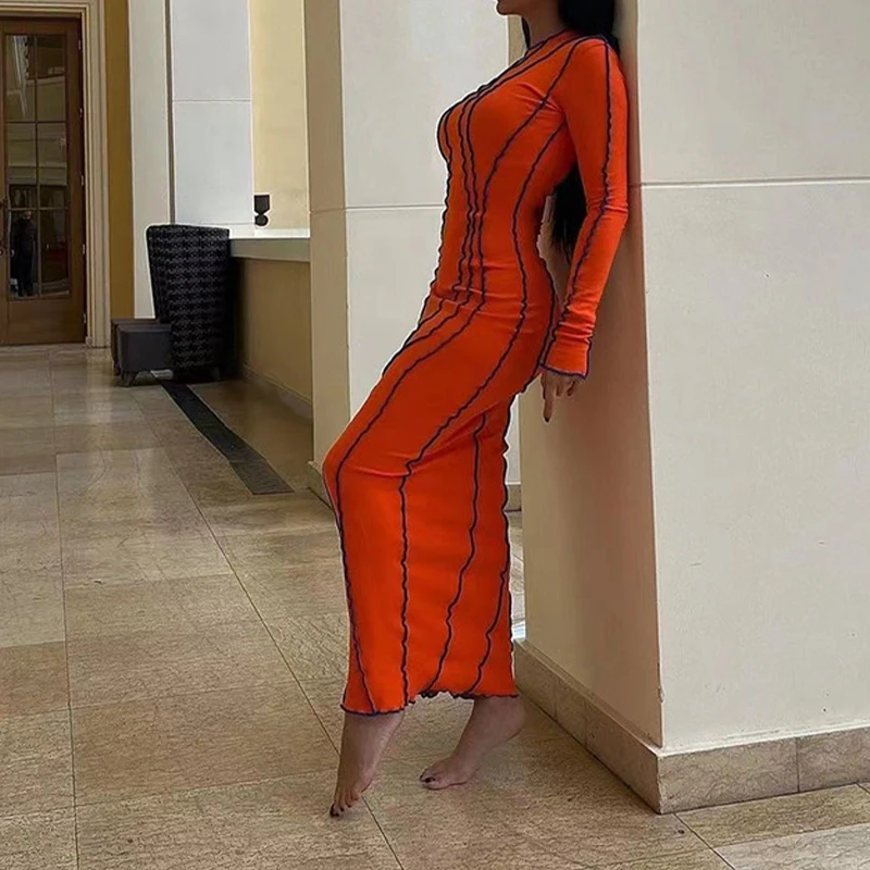 OMSJ 2024 Street Striped Dresses Women Full Sleeve Crew Neck Casual High-waist Fashion Pullover Ribbed Color Slim Contrast Dress