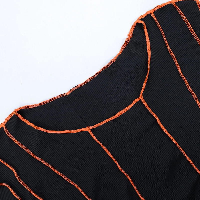 OMSJ 2024 Street Striped Dresses Women Full Sleeve Crew Neck Casual High-waist Fashion Pullover Ribbed Color Slim Contrast Dress