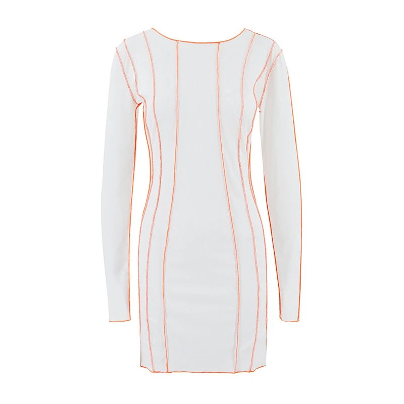 OMSJ 2024 Street Striped Dresses Women Full Sleeve Crew Neck Casual High-waist Fashion Pullover Ribbed Color Slim Contrast Dress