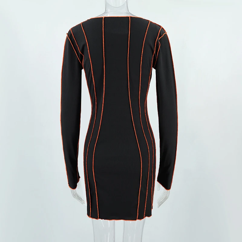 OMSJ 2024 Street Striped Dresses Women Full Sleeve Crew Neck Casual High-waist Fashion Pullover Ribbed Color Slim Contrast Dress