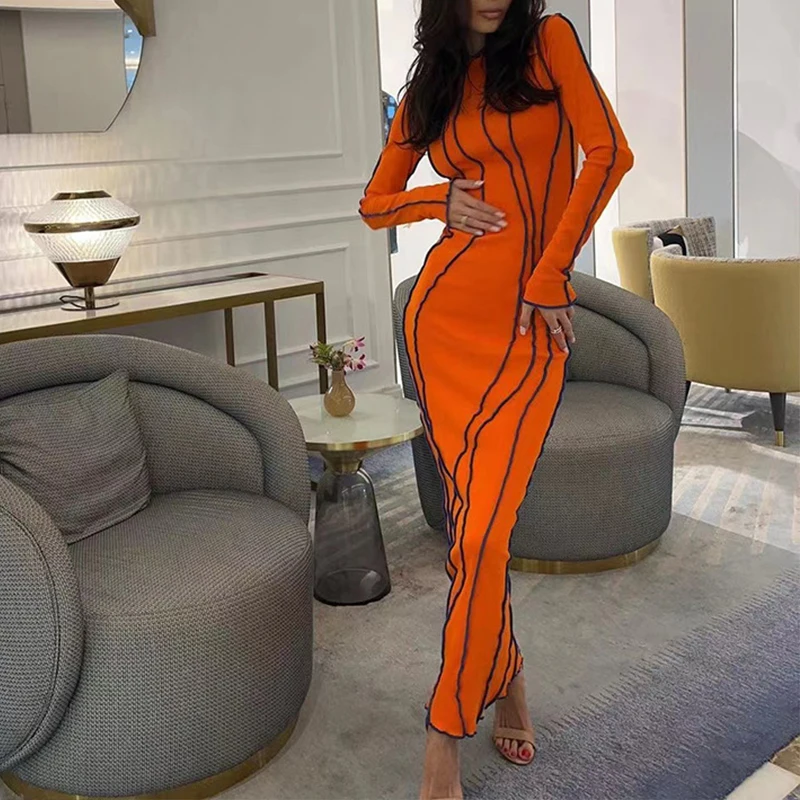 OMSJ 2024 Street Striped Dresses Women Full Sleeve Crew Neck Casual High-waist Fashion Pullover Ribbed Color Slim Contrast Dress