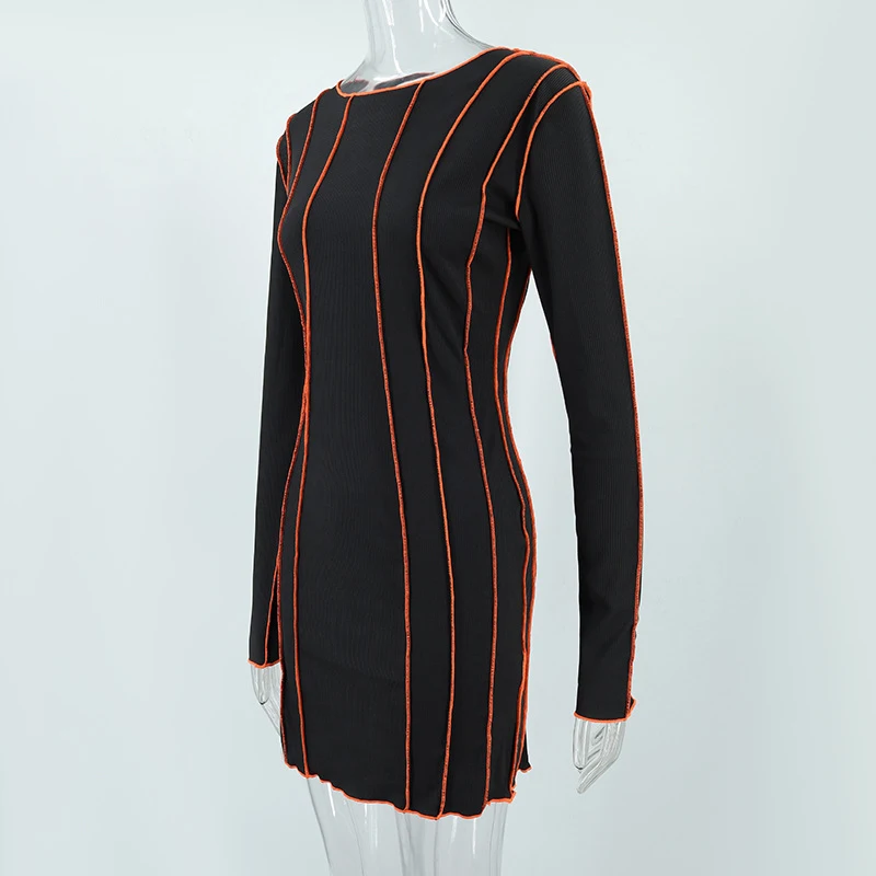 OMSJ 2024 Street Striped Dresses Women Full Sleeve Crew Neck Casual High-waist Fashion Pullover Ribbed Color Slim Contrast Dress