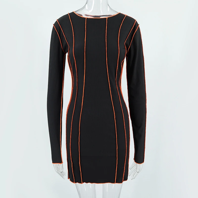 OMSJ 2024 Street Striped Dresses Women Full Sleeve Crew Neck Casual High-waist Fashion Pullover Ribbed Color Slim Contrast Dress