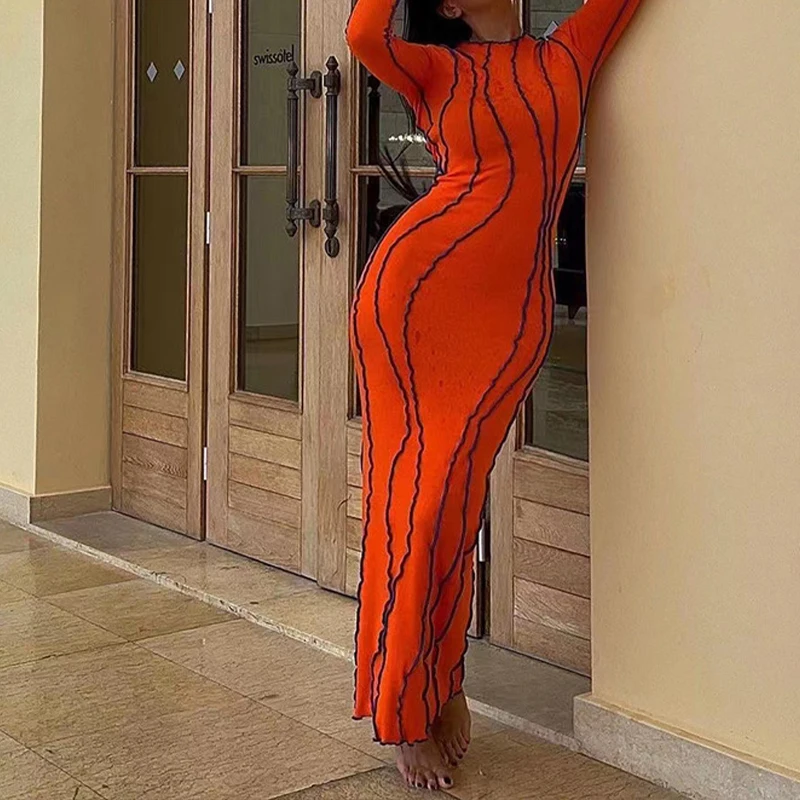 OMSJ 2024 Street Striped Dresses Women Full Sleeve Crew Neck Casual High-waist Fashion Pullover Ribbed Color Slim Contrast Dress