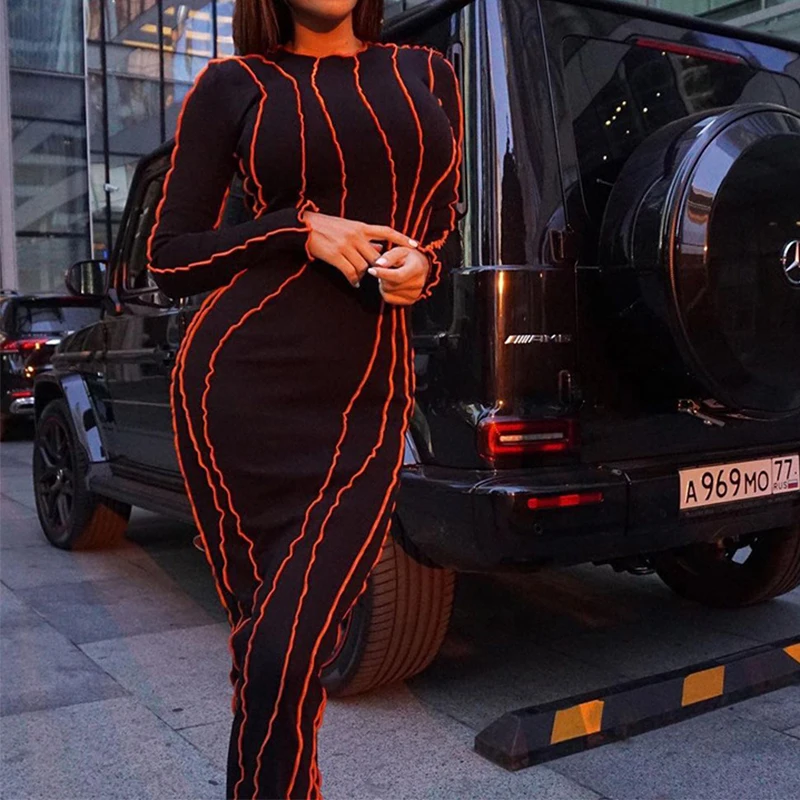 OMSJ 2024 Street Striped Dresses Women Full Sleeve Crew Neck Casual High-waist Fashion Pullover Ribbed Color Slim Contrast Dress