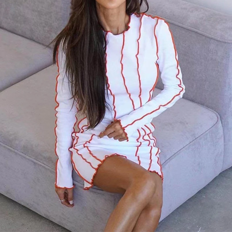OMSJ 2024 Street Striped Dresses Women Full Sleeve Crew Neck Casual High-waist Fashion Pullover Ribbed Color Slim Contrast Dress