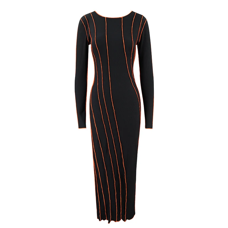 OMSJ 2024 Street Striped Dresses Women Full Sleeve Crew Neck Casual High-waist Fashion Pullover Ribbed Color Slim Contrast Dress