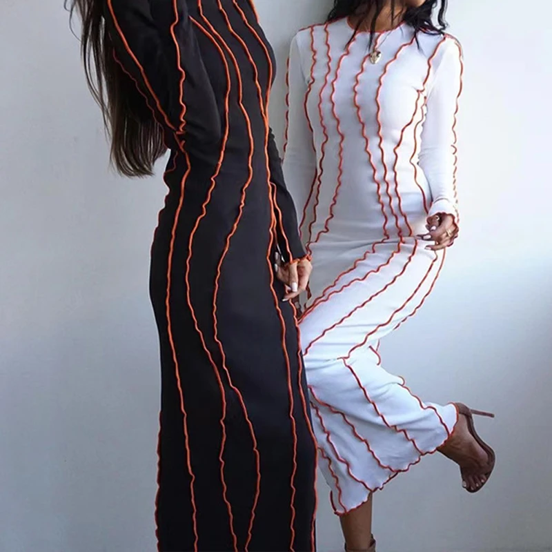 OMSJ 2024 Street Striped Dresses Women Full Sleeve Crew Neck Casual High-waist Fashion Pullover Ribbed Color Slim Contrast Dress