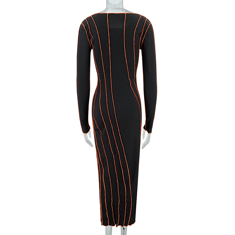 OMSJ 2024 Street Striped Dresses Women Full Sleeve Crew Neck Casual High-waist Fashion Pullover Ribbed Color Slim Contrast Dress
