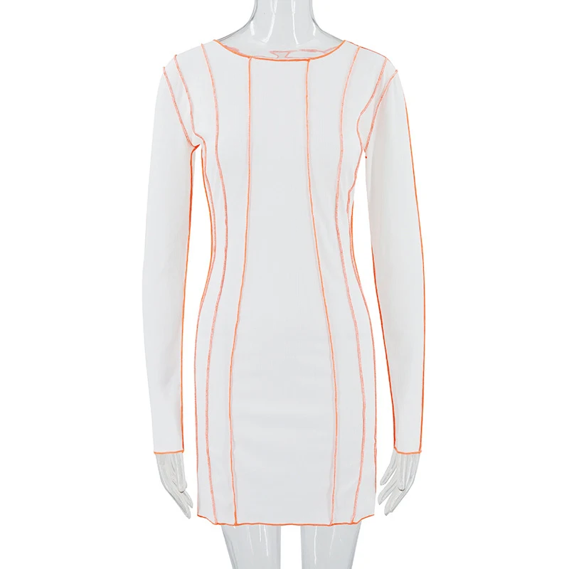 OMSJ 2024 Street Striped Dresses Women Full Sleeve Crew Neck Casual High-waist Fashion Pullover Ribbed Color Slim Contrast Dress