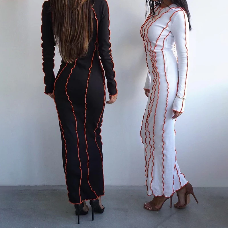 OMSJ 2024 Street Striped Dresses Women Full Sleeve Crew Neck Casual High-waist Fashion Pullover Ribbed Color Slim Contrast Dress