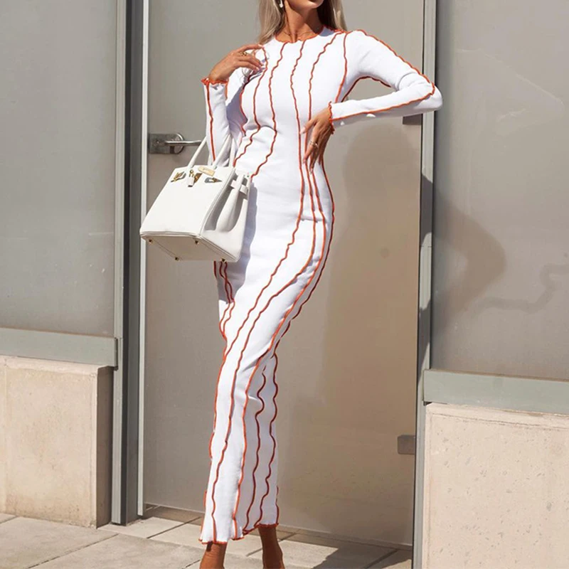 OMSJ 2024 Street Striped Dresses Women Full Sleeve Crew Neck Casual High-waist Fashion Pullover Ribbed Color Slim Contrast Dress
