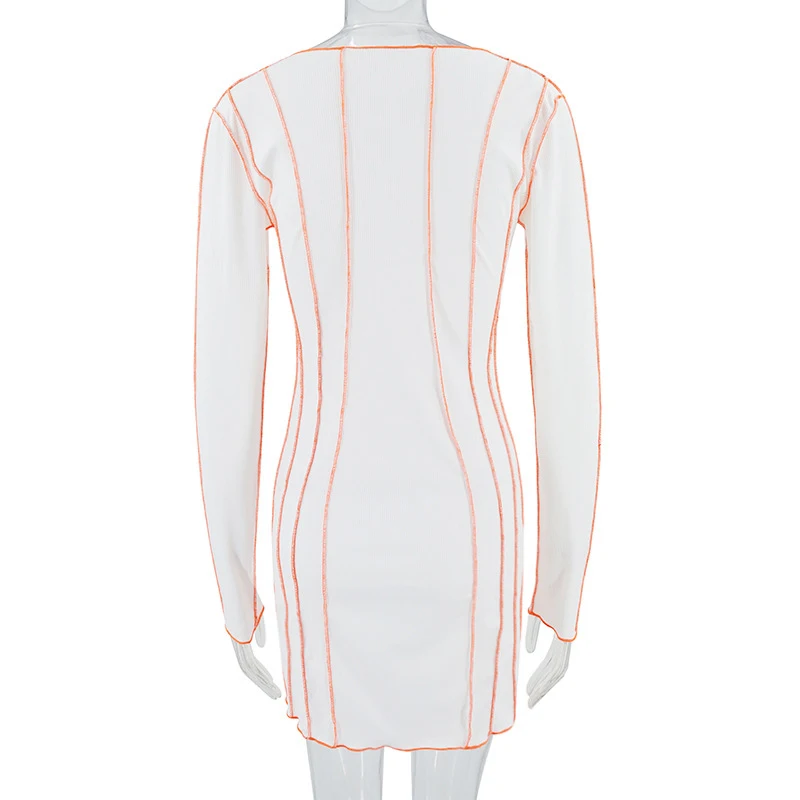 OMSJ 2024 Street Striped Dresses Women Full Sleeve Crew Neck Casual High-waist Fashion Pullover Ribbed Color Slim Contrast Dress