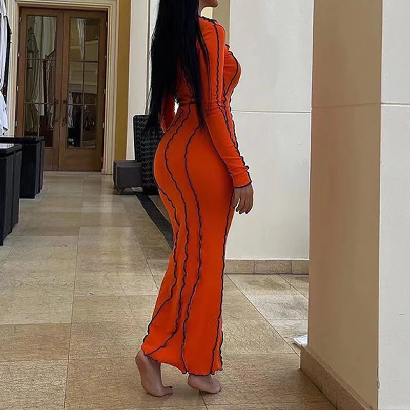 OMSJ 2024 Street Striped Dresses Women Full Sleeve Crew Neck Casual High-waist Fashion Pullover Ribbed Color Slim Contrast Dress