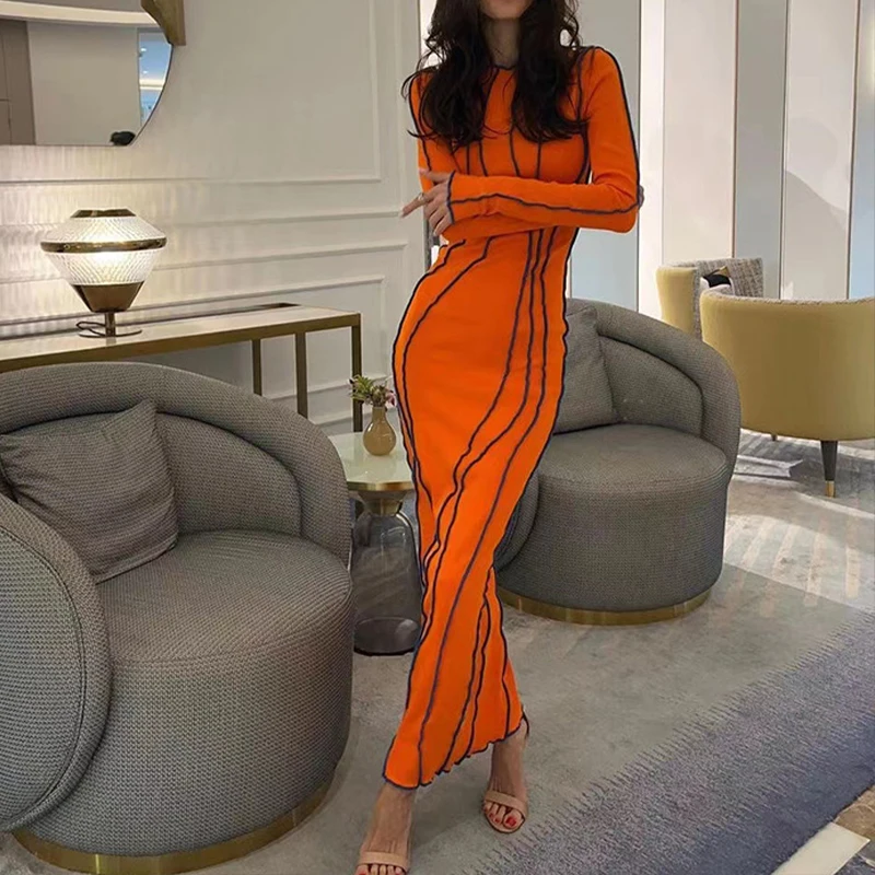 OMSJ 2024 Street Striped Dresses Women Full Sleeve Crew Neck Casual High-waist Fashion Pullover Ribbed Color Slim Contrast Dress