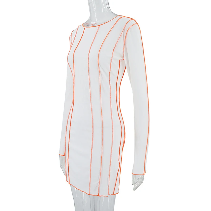 OMSJ 2024 Street Striped Dresses Women Full Sleeve Crew Neck Casual High-waist Fashion Pullover Ribbed Color Slim Contrast Dress