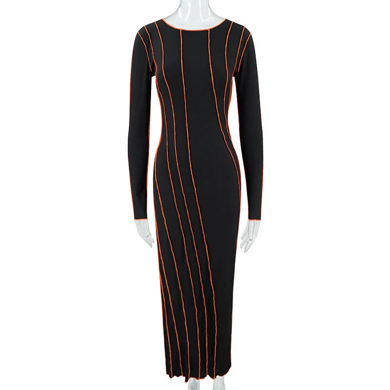 OMSJ 2024 Street Striped Dresses Women Full Sleeve Crew Neck Casual High-waist Fashion Pullover Ribbed Color Slim Contrast Dress